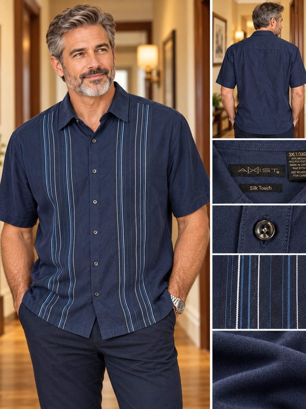 Axist Silk Touch Navy Short Sleeve Shirt 3XLT / 3XGL Striped Panel